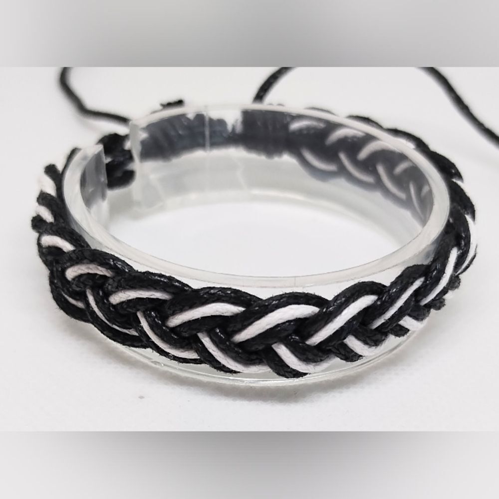 Men's Leather Bracelet Braided‎ Black White F1